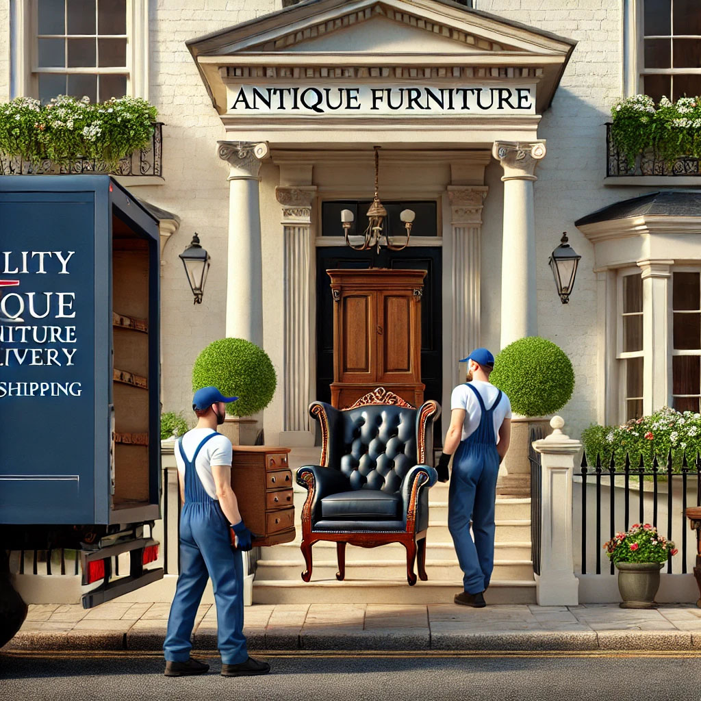 二人の男性スタッフが買い取りが成立した格式あるアンティーク家具を搬出する様子。